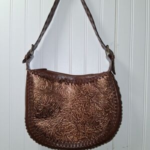 Elegant BrownTooled  Leather Purse Little Goldist Color with Zipper Buckle Strap